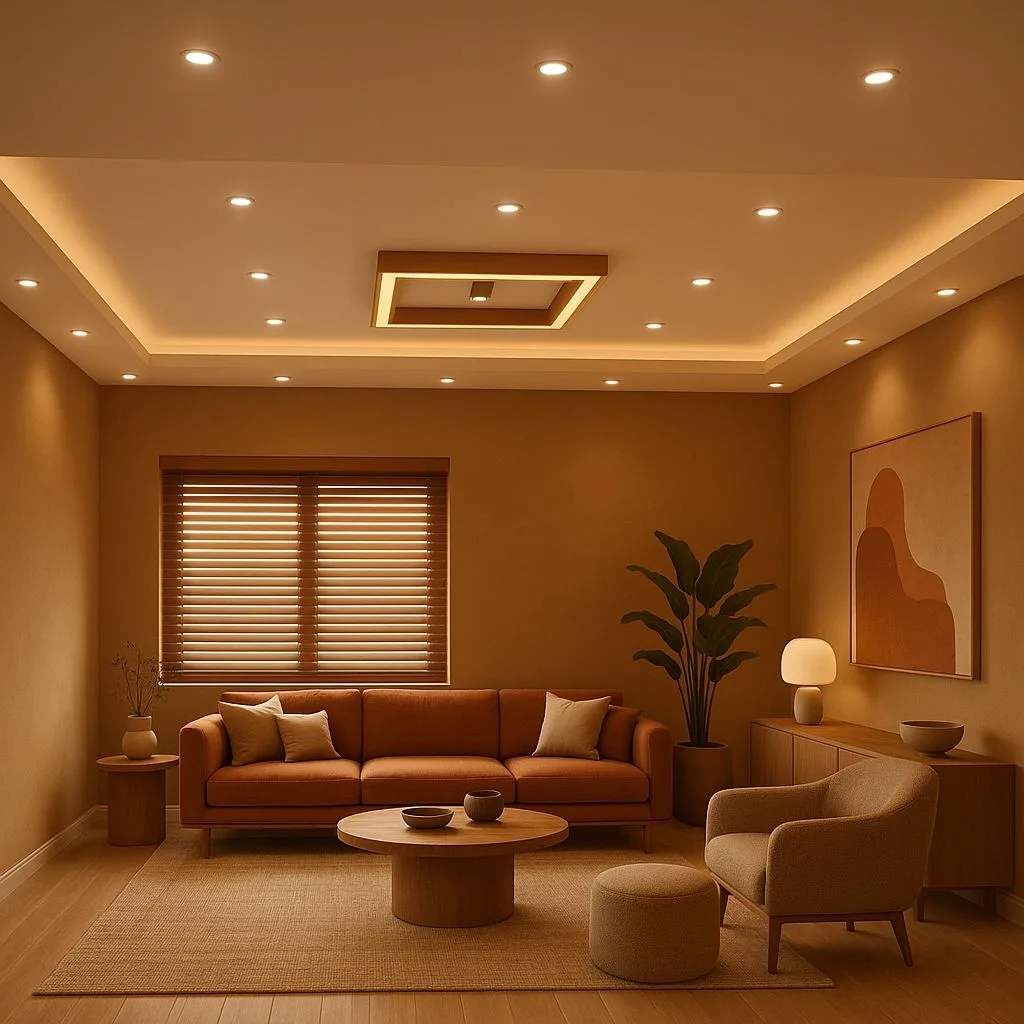 Minimalist living room with terracotta walls, round wood coffee table, rust colored sofa, jute rug, recessed lighting, photorealistic interior design photography, 8k