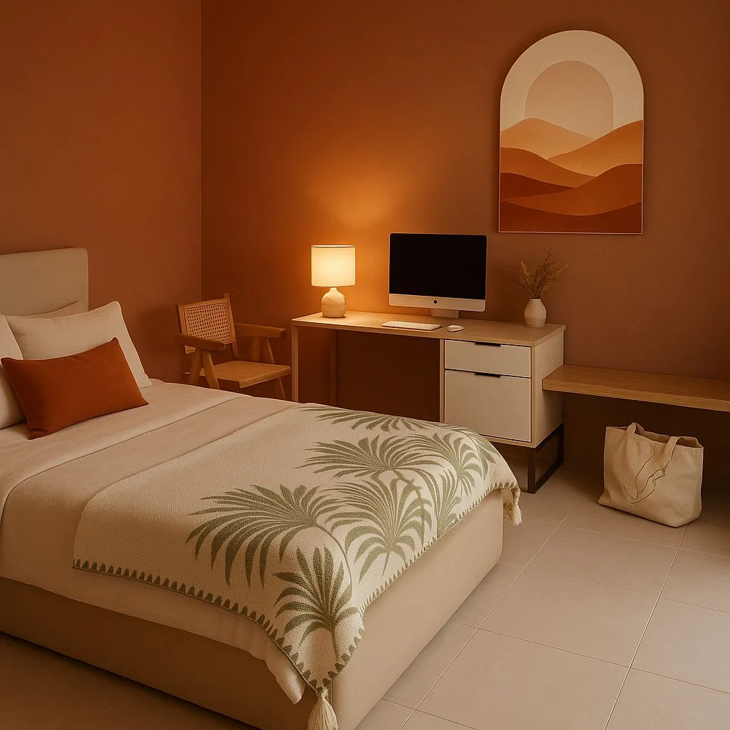 Bohemian terracotta bedroom with platform bed, palm leaf blanket, rattan chair, minimalist desk, ceramic lamp, photorealistic interior design photography, 8k