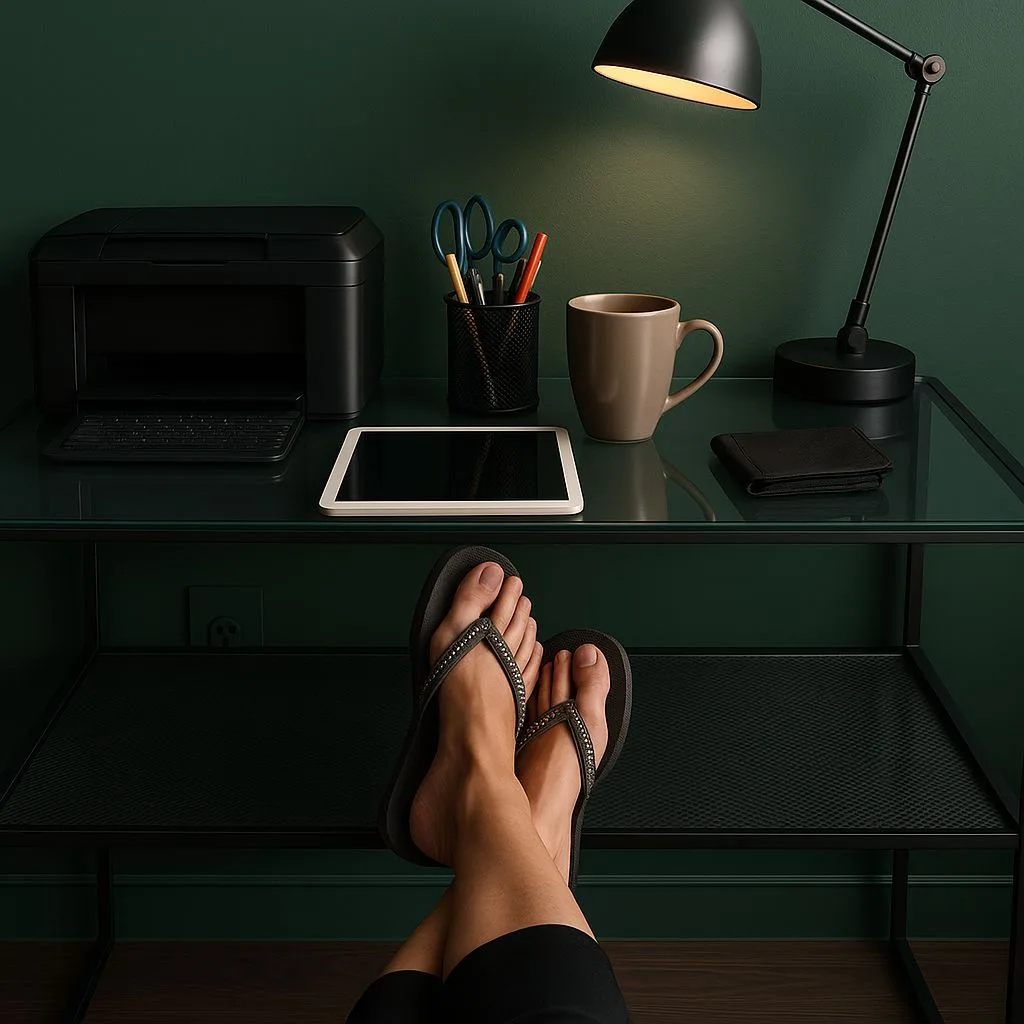 Modern home office nook with dark green walls, glass top desk, black task lamp, tablet, taupe mug, photorealistic interior design photography, 8k