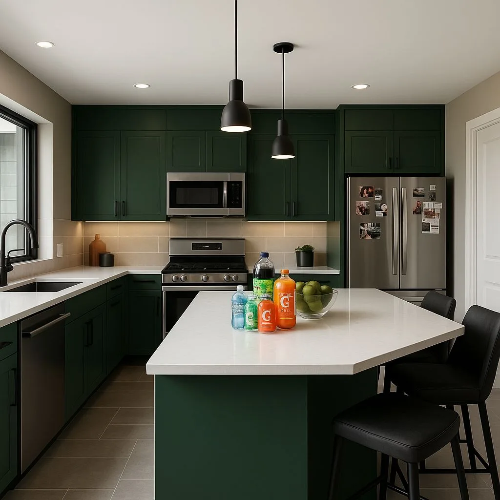 Modern kitchen with forest green cabinets, white quartz countertops, stainless steel appliances, black pendant lights, gray tile floors, photorealistic interior design photography, 8k