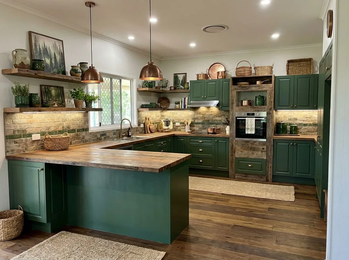Rustic farmhouse kitchen with forest green cabinets, butcher block countertops, brick backsplash, copper pendant lights, jute rug, photorealistic interior design photography, 8k