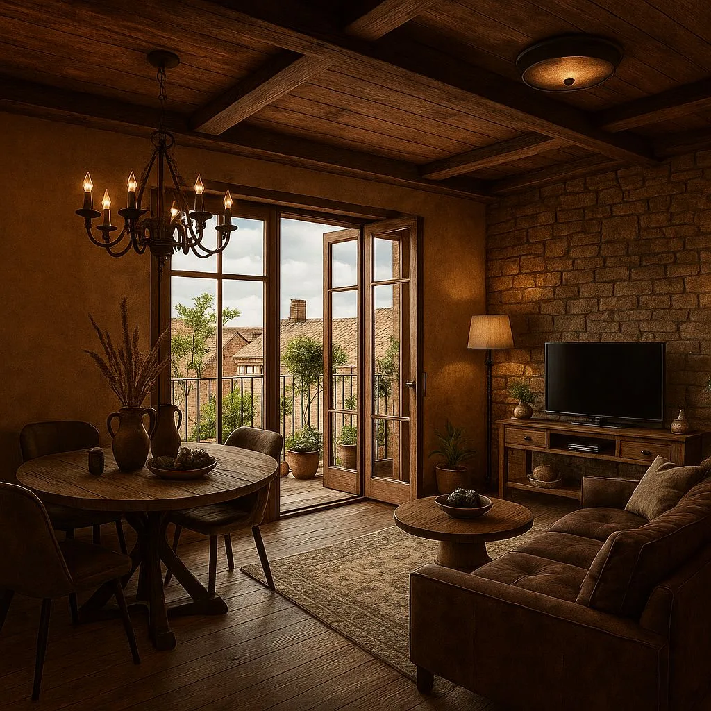Rustic living dining room with exposed brick wall, wood paneled ceiling, brown velvet sofa, round wood table, wrought iron chandelier, photorealistic interior design photography, 8k