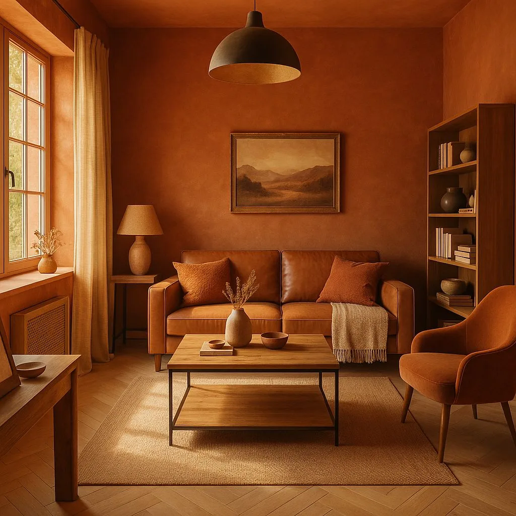 Transitional living room with terracotta walls, leather sofa, oak bookshelf, herringbone wood floor, black pendant light, photorealistic interior design photography, 8k