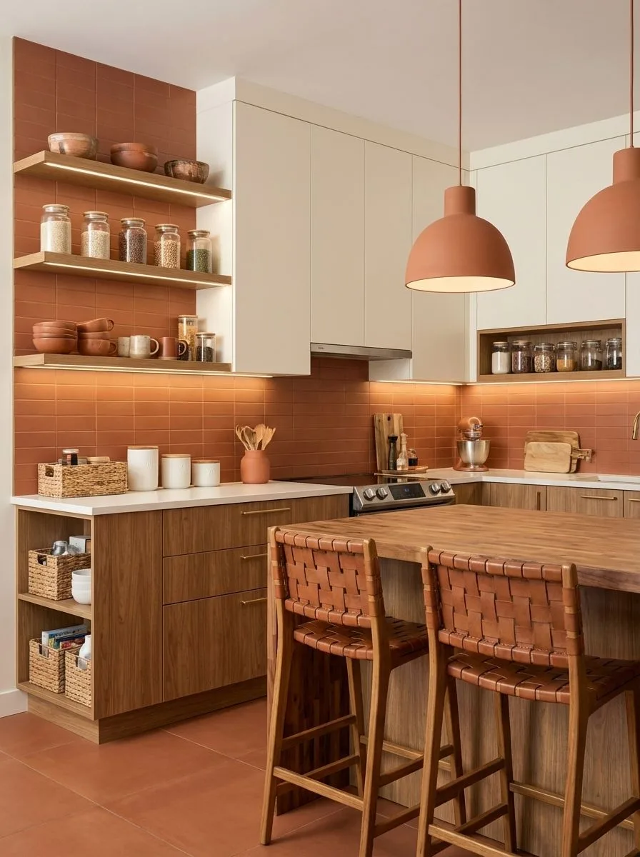 Modern kitchen with terracotta tile backsplash, wood cabinets, white countertops, woven leather bar stools, terracotta pendant lights, open shelving, photorealistic interior design photography, 8k