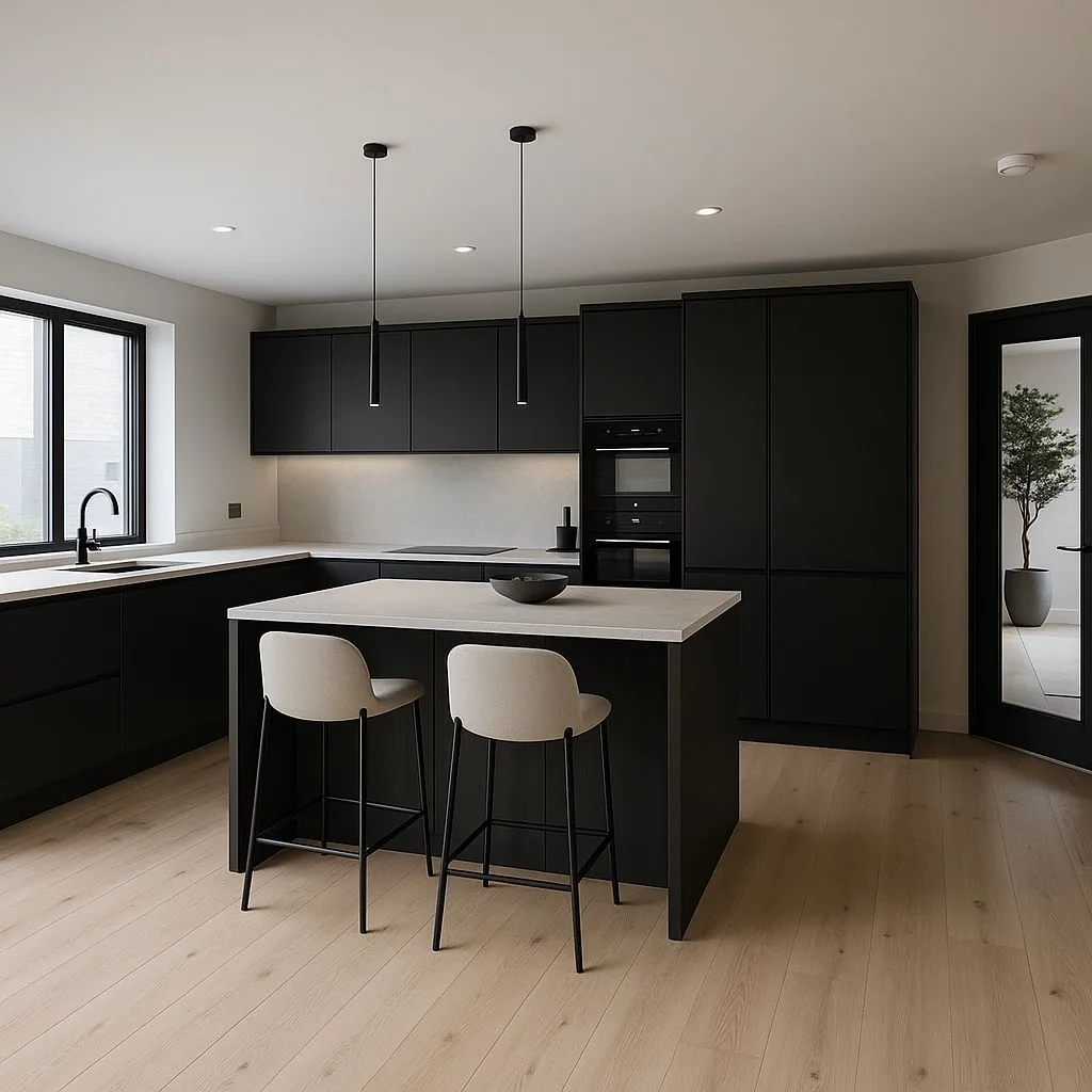 Modern minimalist kitchen with matte black cabinets, light wood floors, white quartz countertops, black pendant lights, beige stools, photorealistic interior design photography, 8k
