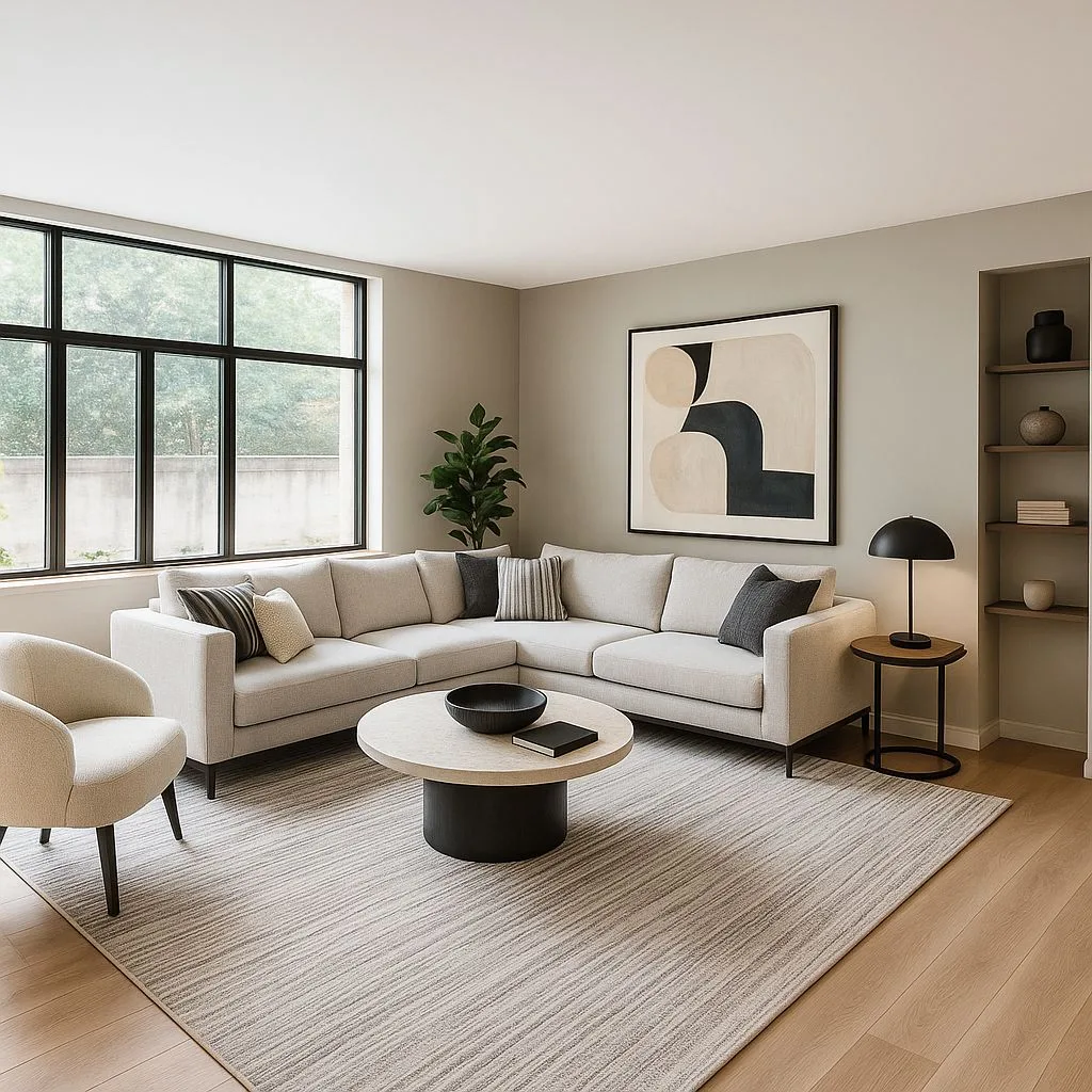 Modern neutral living room with beige sectional, round wood coffee table, light wood floors, black framed window, mushroom table lamp, photorealistic interior design photography, 8k