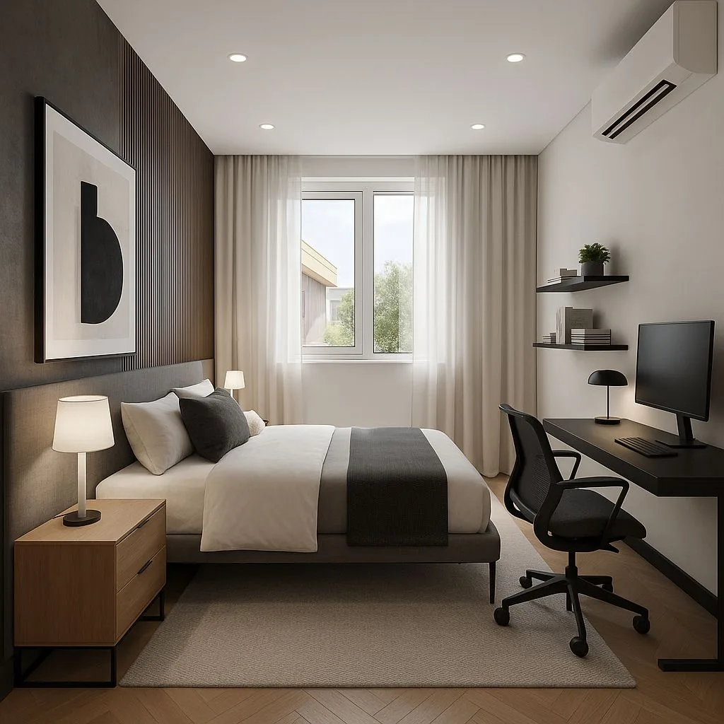 Modern minimalist bedroom with wood slat accent wall, grey upholstered bed, white bedding, black desk, black chair, photorealistic interior design photography, 8k