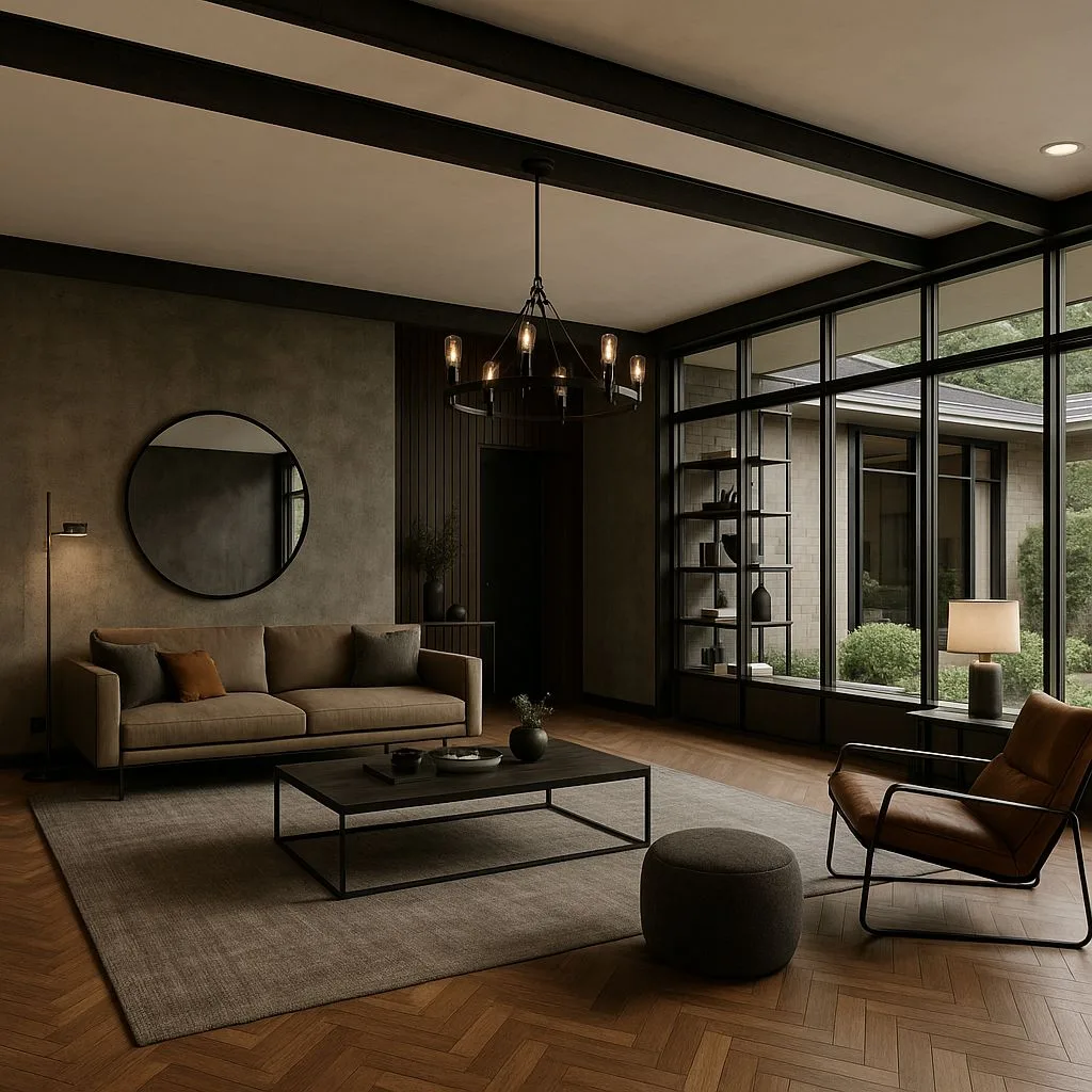 Modern living room with herringbone wood floors, grey rug, tan sofa, black framed windows, industrial chandelier, photorealistic interior design photography, 8k