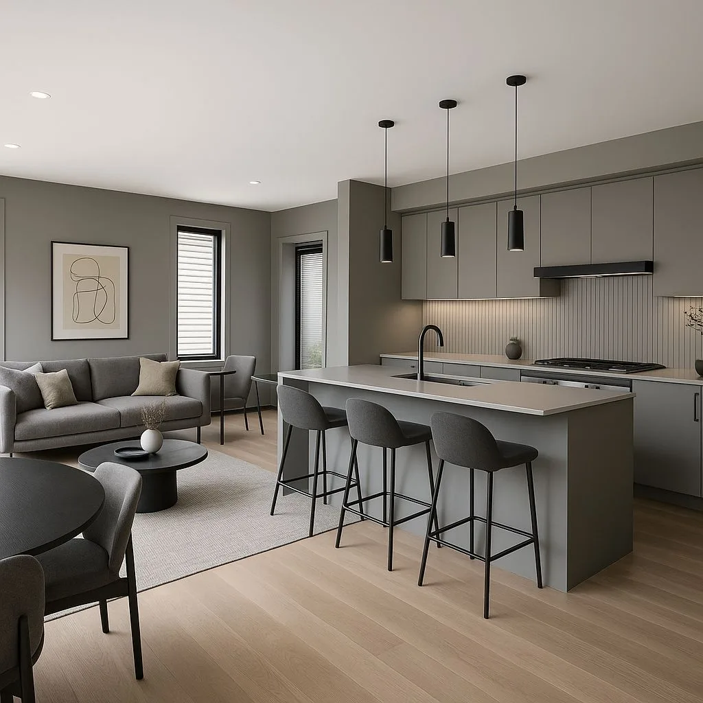 Modern open concept apartment with grey cabinets, white quartz countertop, black pendant lights, light wood floors, grey sofa, photorealistic interior design photography, 8k