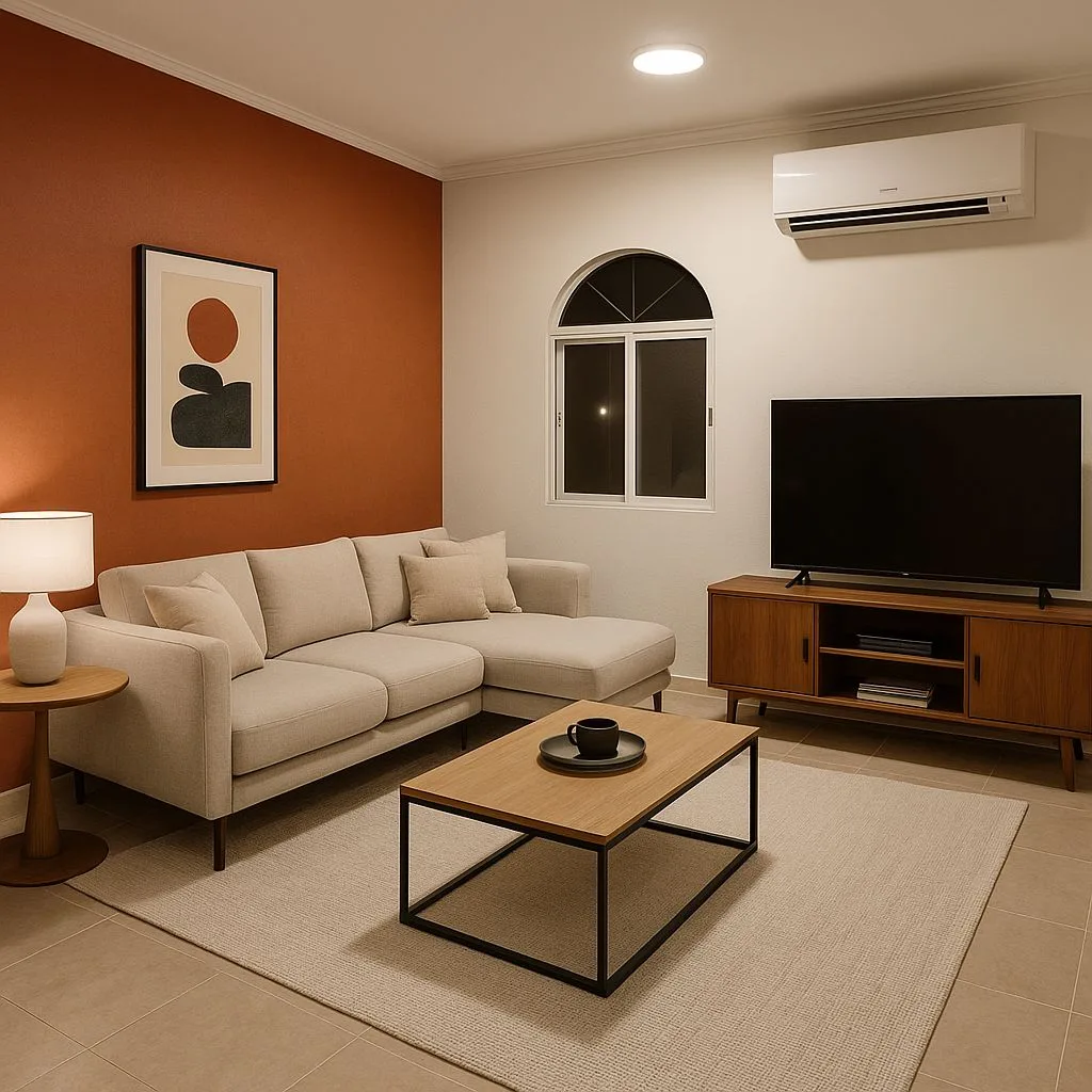 Mid-century modern living room with warm terracotta accent wall, light grey sectional sofa, wood media console, light wood coffee table, neutral rug, photorealistic interior design photography, 8k