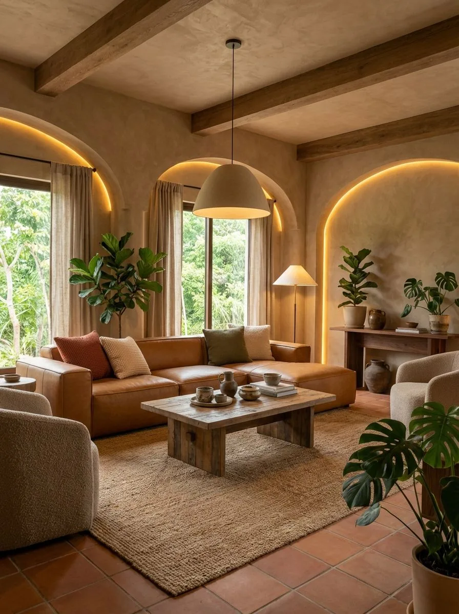 Mediterranean living room with tan leather sectional, reclaimed wood coffee table, jute rug, terracotta tile floors, dome pendant, photorealistic interior design photography, 8k