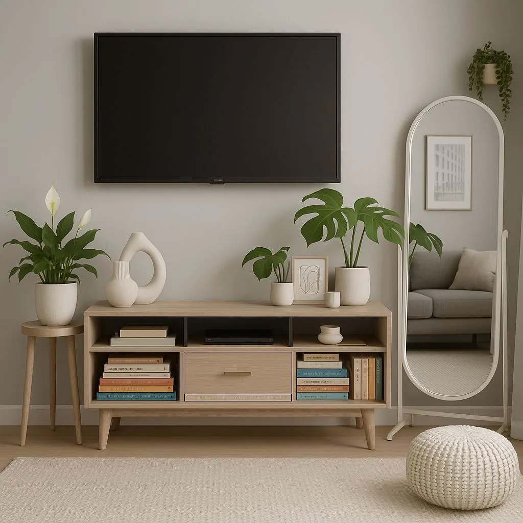 Minimalist Scandinavian living room with light wood console, monstera plant, white ceramic pots, books, full-length mirror, photorealistic interior design photography, 8k