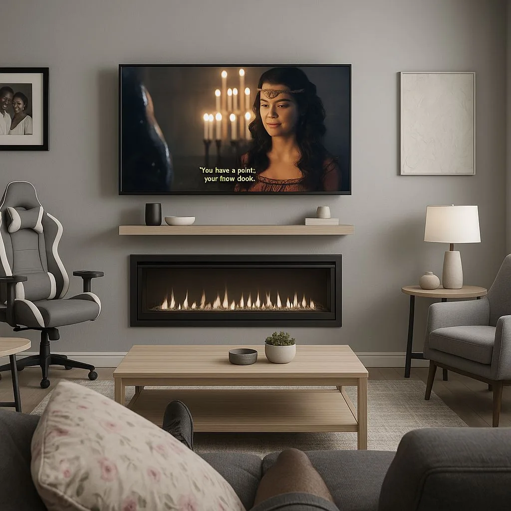 Modern warm grey living room with linear fireplace, light wood shelves, large television, comfortable grey seating, light wood coffee table, photorealistic interior design photography, 8k