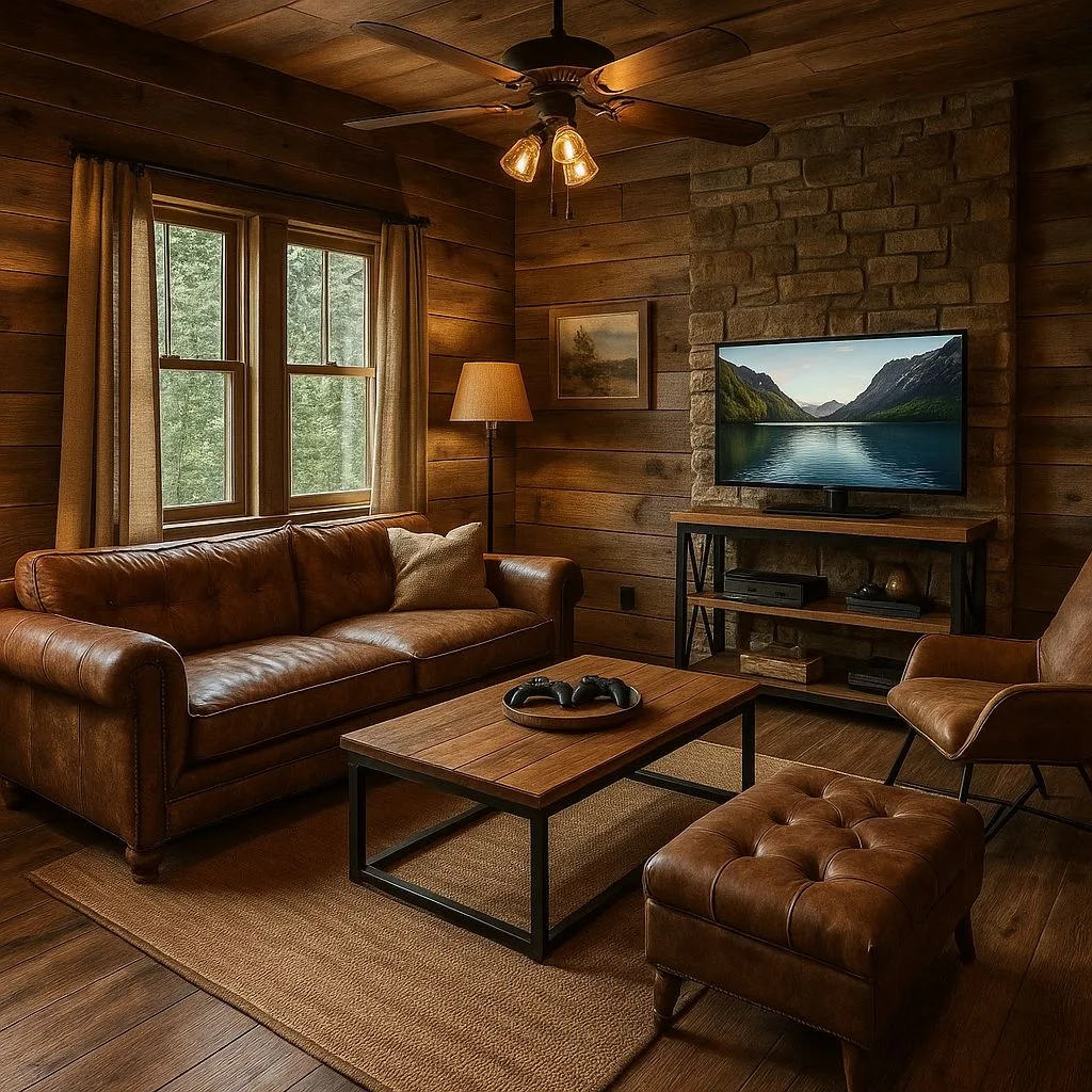 Rustic cabin living room with wood paneled walls, brown leather sofa, stone fireplace, wood coffee table, ceiling fan, photorealistic interior design photography, 8k