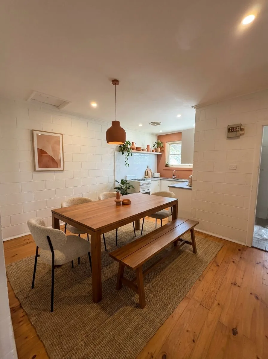 Warm modern dining room with exposed brick, wood table, jute rug, textural chairs, terracotta pendant, photorealistic interior design photography, 8k