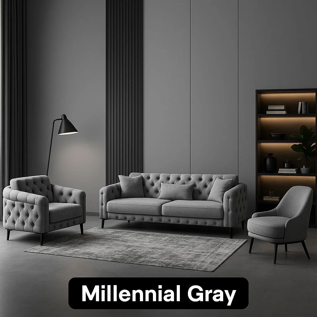 Contemporary living room with gray tufted sofa, gray armchairs, black floor lamp, dark wood bookcase, gray rug, photorealistic interior design photography, 8k