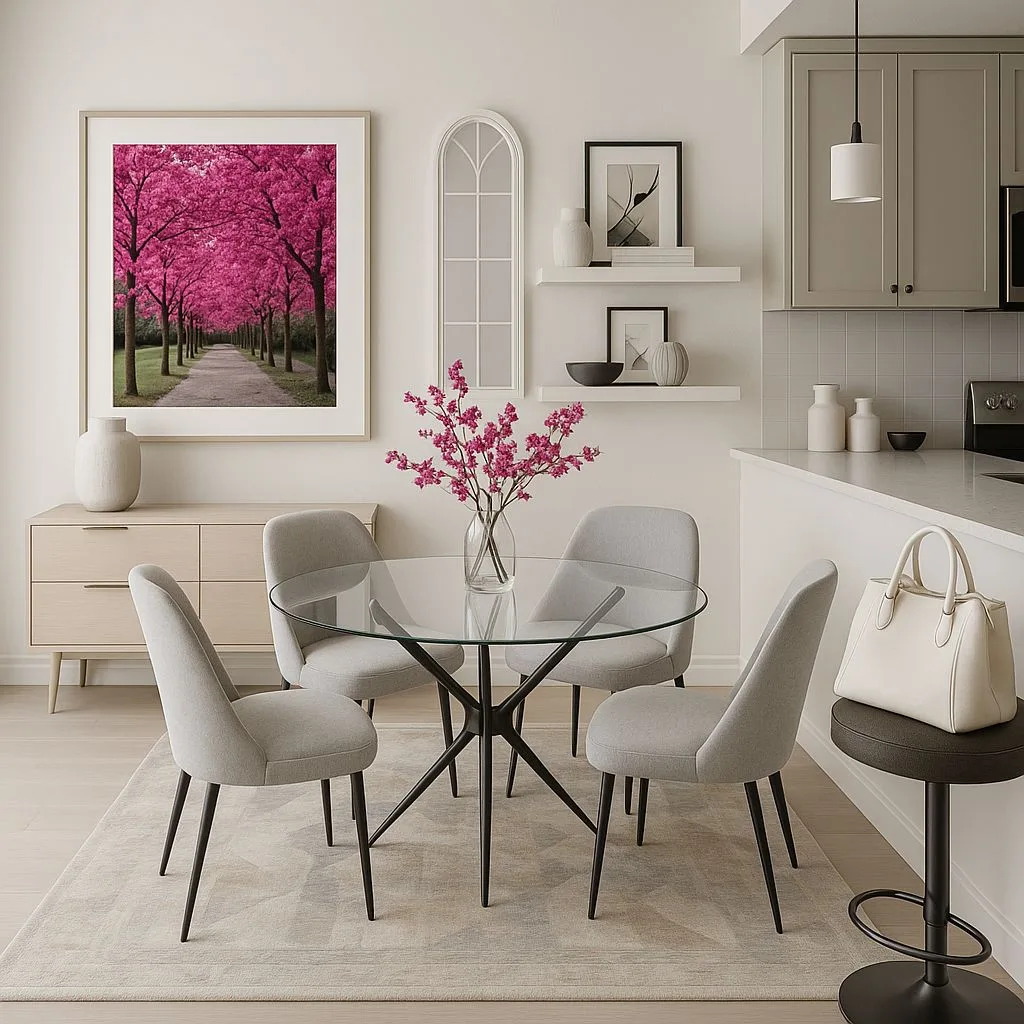 Modern dining area with glass round table, light grey chairs, pink floral centerpiece, light wood sideboard, floating shelves, photorealistic interior design photography, 8k
