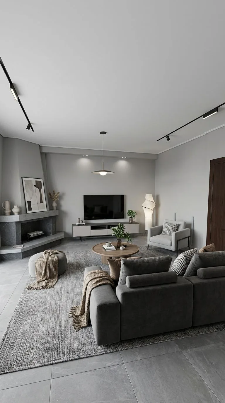 Modern minimalist living room with grey concrete tile floors, modular charcoal sofa, stone fireplace, round wood coffee table, track lighting, photorealistic interior design photography, 8k