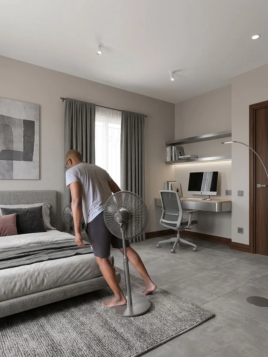 Modern warm grey bedroom with upholstered bed, grey rug, built-in desk with shelving, sheer curtains, neutral palette, photorealistic interior design photography, 8k