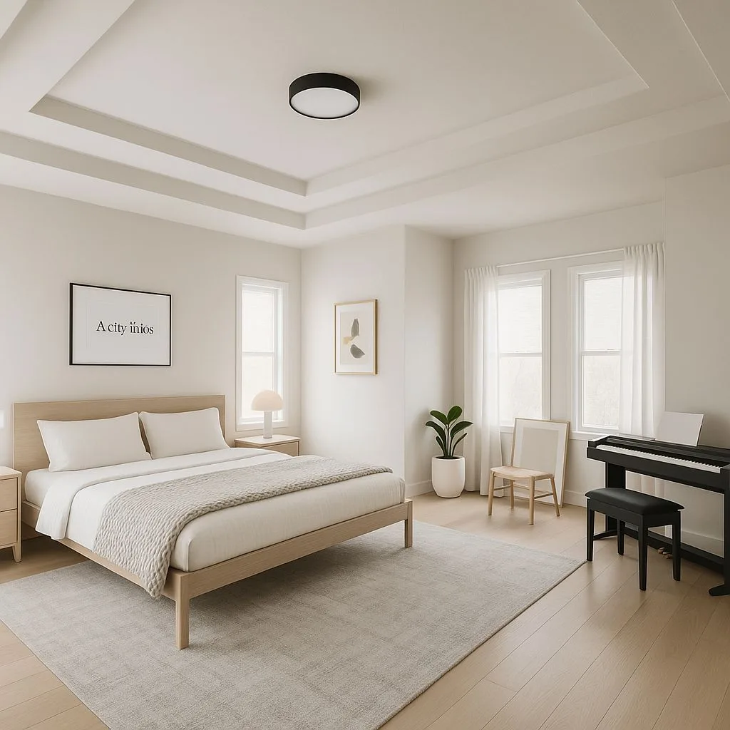 Minimalist bedroom with light wood platform bed, white linen bedding, light grey rug, black piano, recessed lighting, photorealistic interior design photography, 8k
