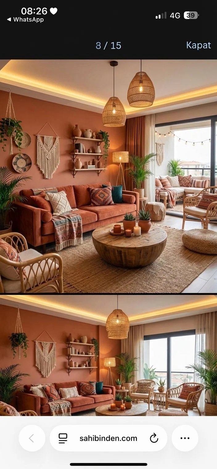 Bohemian living room with terracotta walls, velvet sofa, woven rattan chairs, round wood coffee table, jute rug, photorealistic interior design photography, 8k
