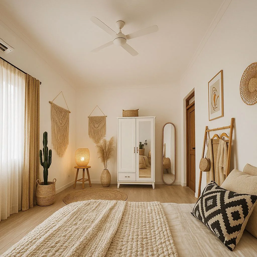 Neutral bohemian bedroom with light wood floors, white walls, macrame wall hangings, woven rug, potted cactus, chunky knit blanket, photorealistic interior design photography, 8k