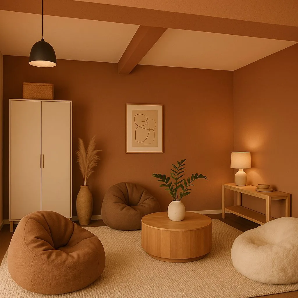 Minimalist terracotta living room with beanbag chairs, round wood coffee table, white wardrobe, beige rug, black pendant, photorealistic interior design photography, 8k
