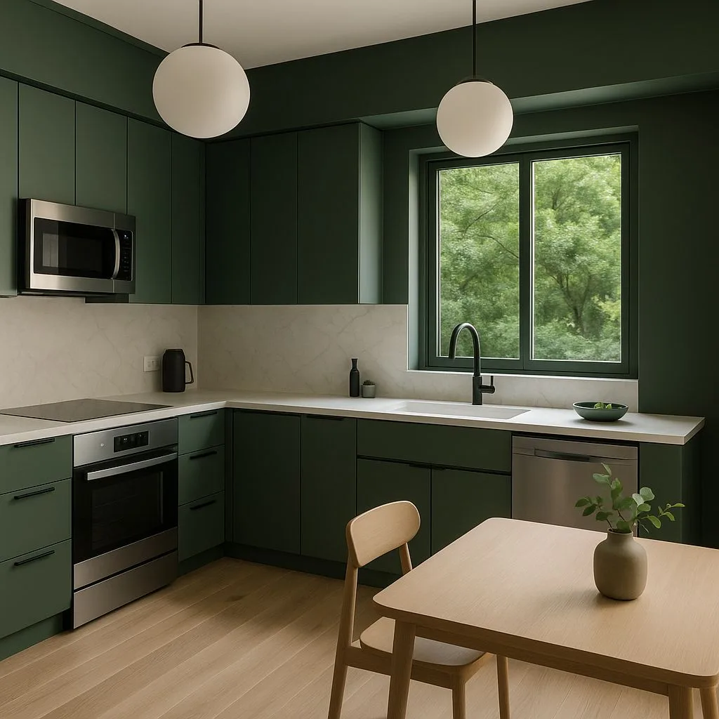 Modern kitchen with dark green cabinets, white marble backsplash, white countertops, light wood floors, globe pendant lights, photorealistic interior design photography, 8k
