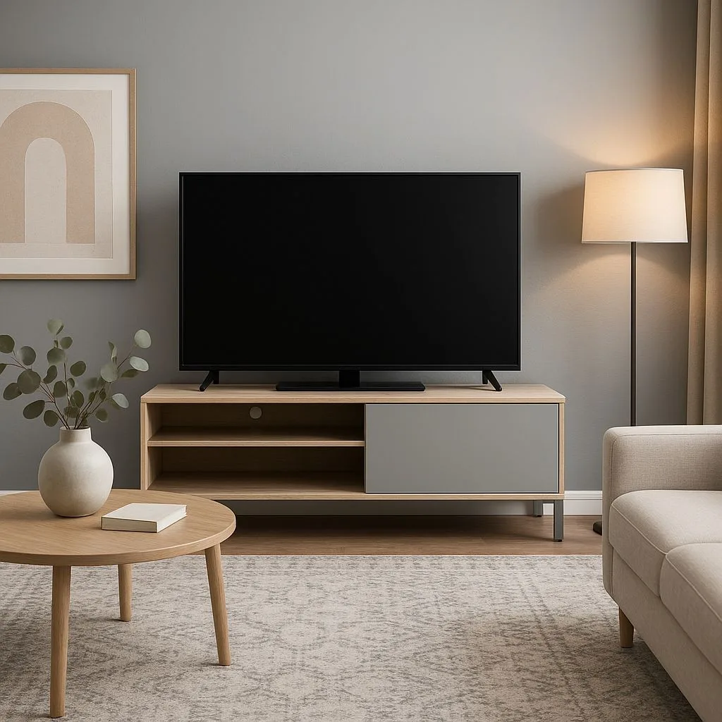 Modern living room with gray walls, light wood media console with gray cabinet, round wood coffee table, neutral patterned rug, floor lamp, photorealistic interior design photography, 8k