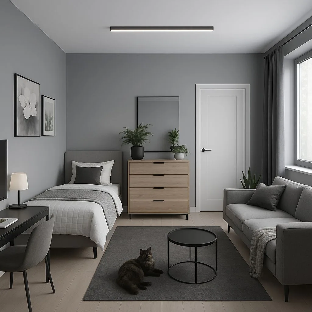 Minimalist studio apartment with gray walls, light wood floors, gray sofa, black desk, wood dresser, photorealistic interior design photography, 8k