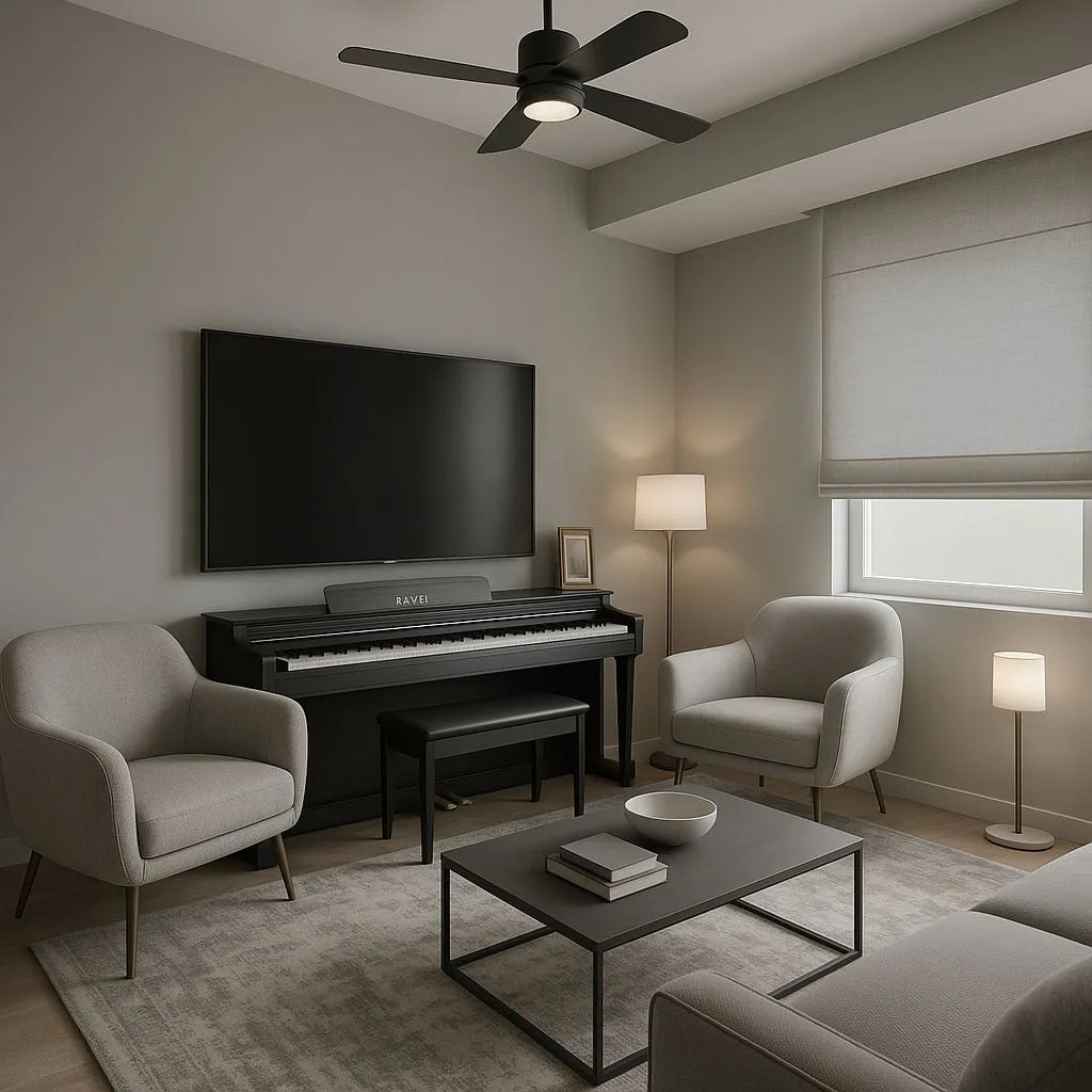 Modern neutral living room with grey walls, black piano under large TV, light grey upholstered armchairs, dark grey coffee table, floor lamps, photorealistic interior design photography, 8k