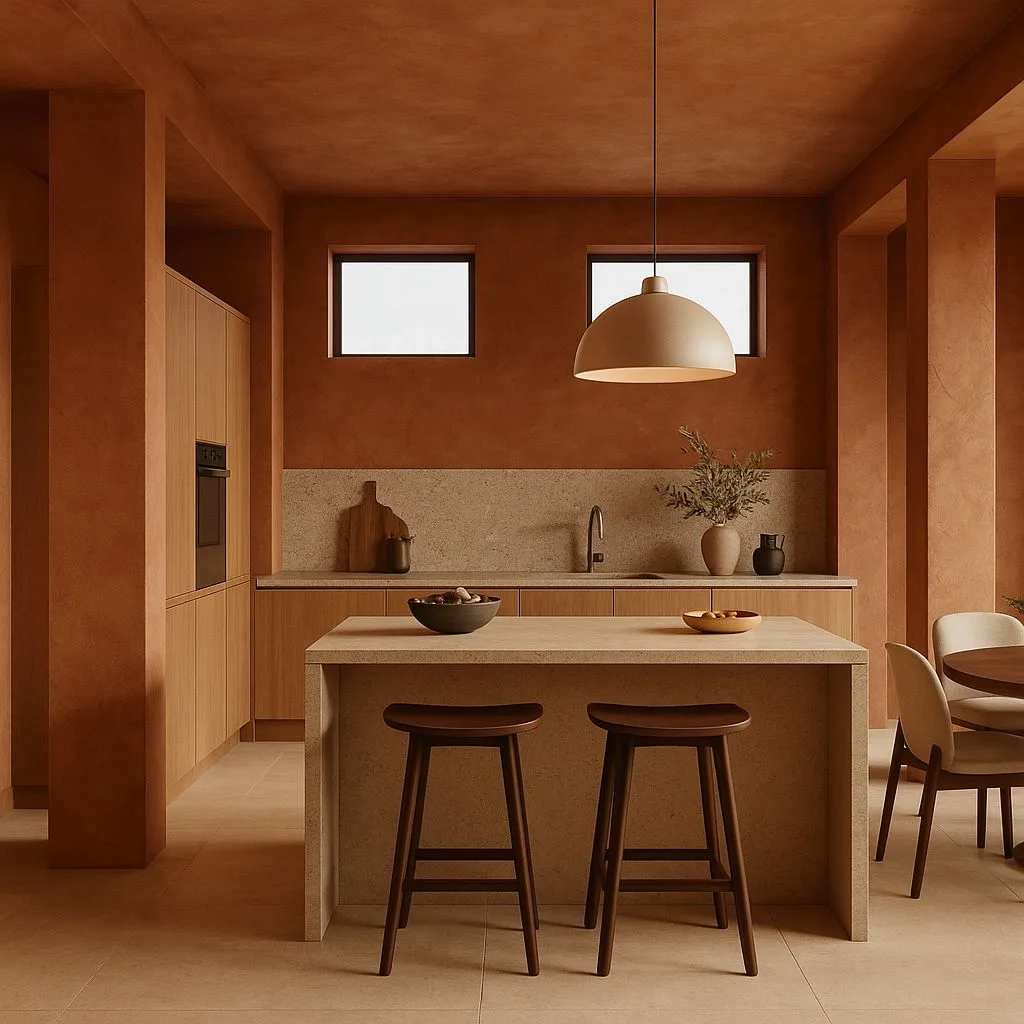 Modern terracotta kitchen with light wood cabinets, stone counters, dark wood stools, beige pendant light, minimalist decor, photorealistic interior design photography, 8k