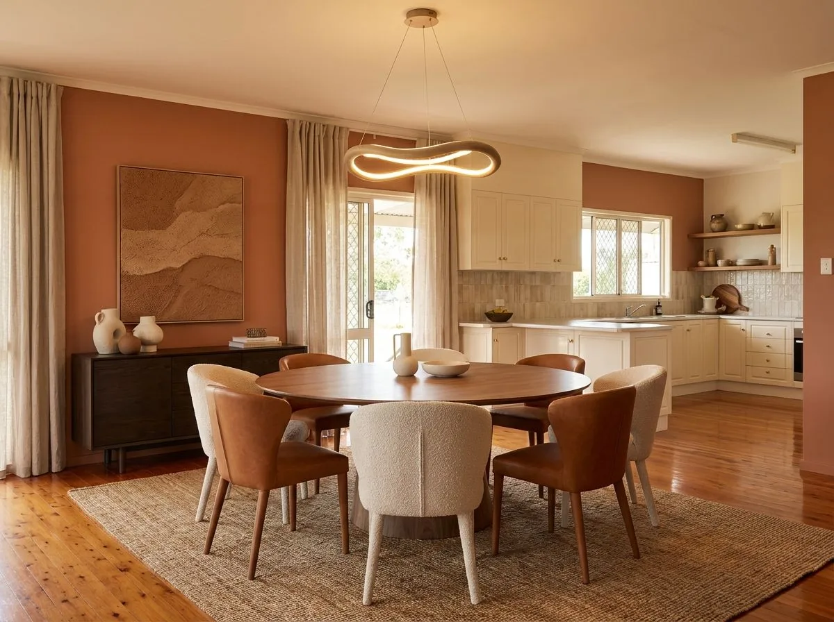Warm transitional dining room with terracotta walls, round wood table, leather dining chairs, boucle dining chairs, jute rug, photorealistic interior design photography, 8k