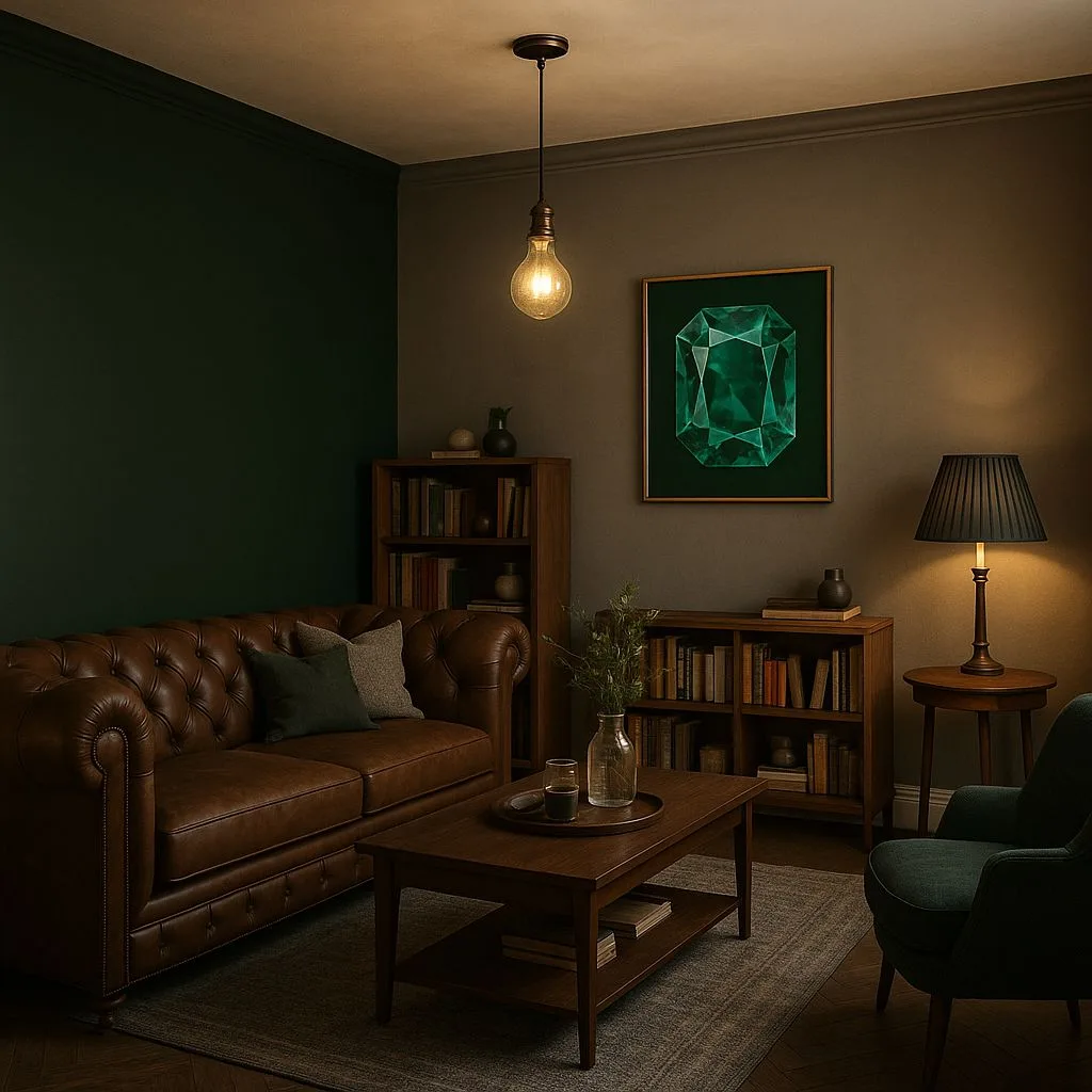 Moody traditional living room with dark green walls, brown leather sofa, wood bookshelves, emerald art, edison bulb pendant, photorealistic interior design photography, 8k