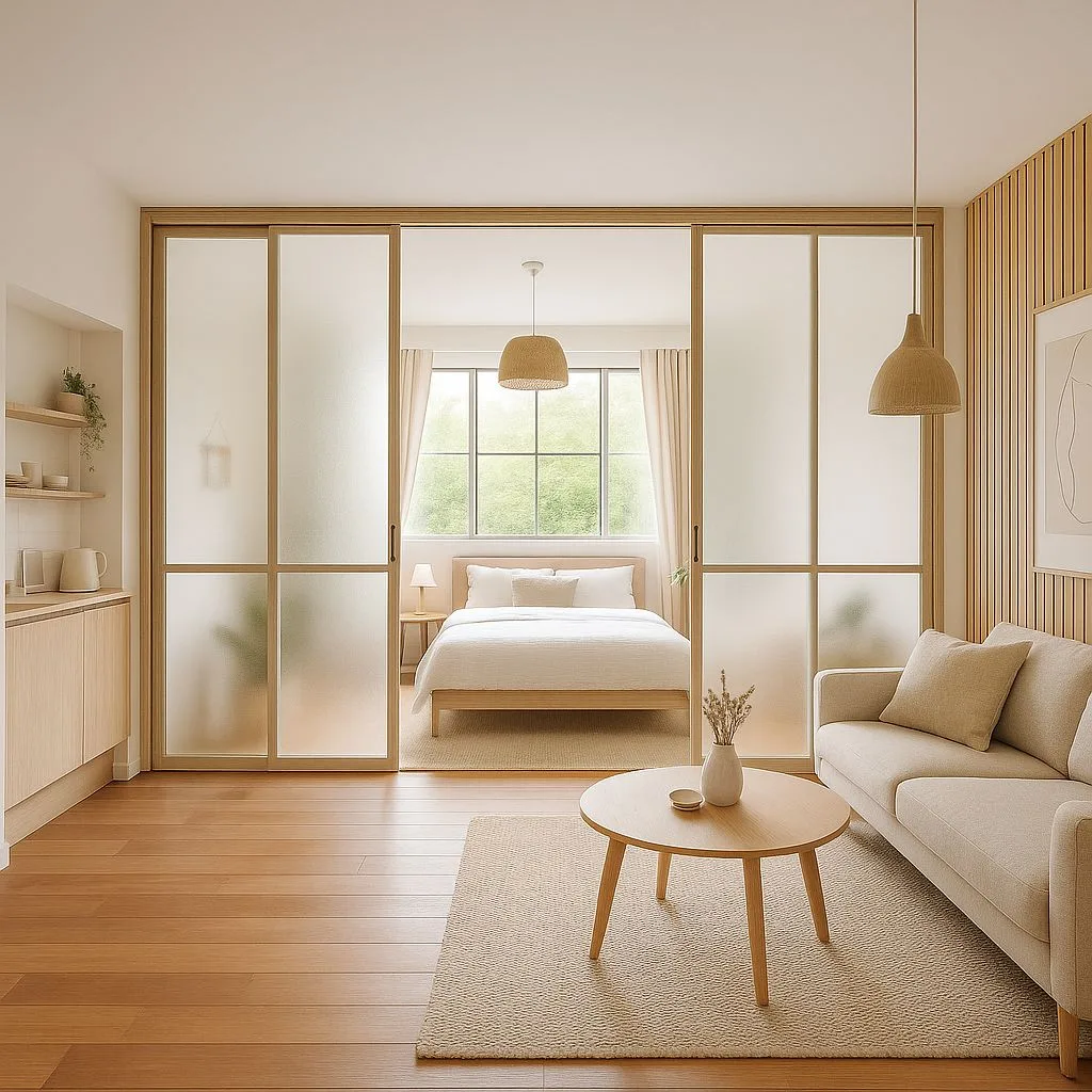Minimalist studio apartment with wood floors, sliding frosted glass doors, beige linen sofa, round wood table, woven pendants, photorealistic interior design photography, 8k