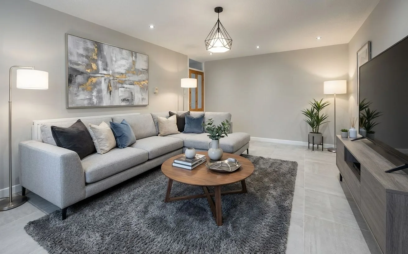 Contemporary gray living room with light gray sectional, round wood coffee table, abstract canvas art, floor lamps, textured gray rug, photorealistic interior design photography, 8k