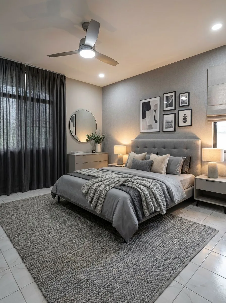Modern minimalist bedroom with grey upholstered bed, neutral linen, chunky knit throw, round mirror, gallery wall, photorealistic interior design photography, 8k