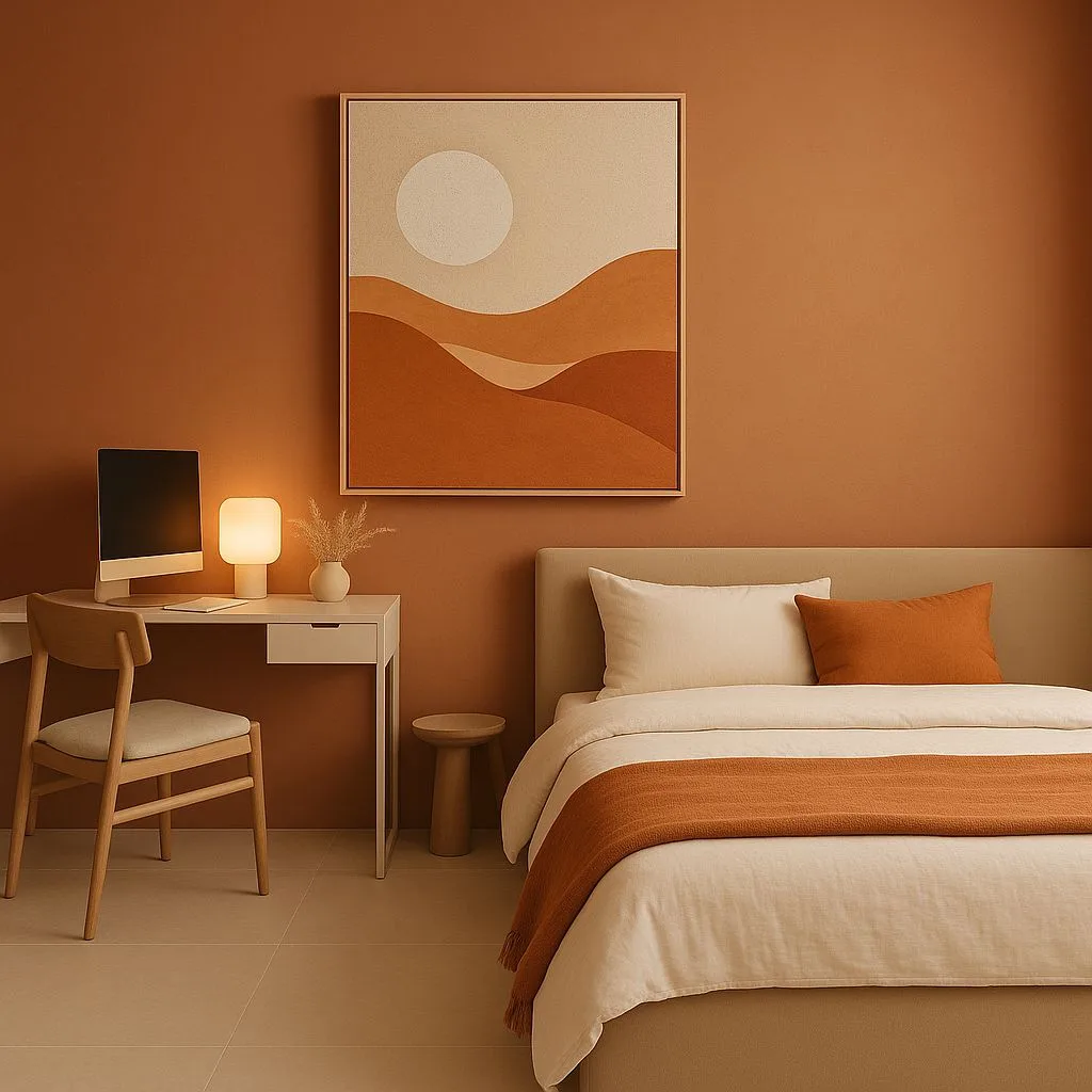 Minimalist terracotta bedroom with linen bedding, wood desk, wood chair, abstract art, ambient lamp, photorealistic interior design photography, 8k
