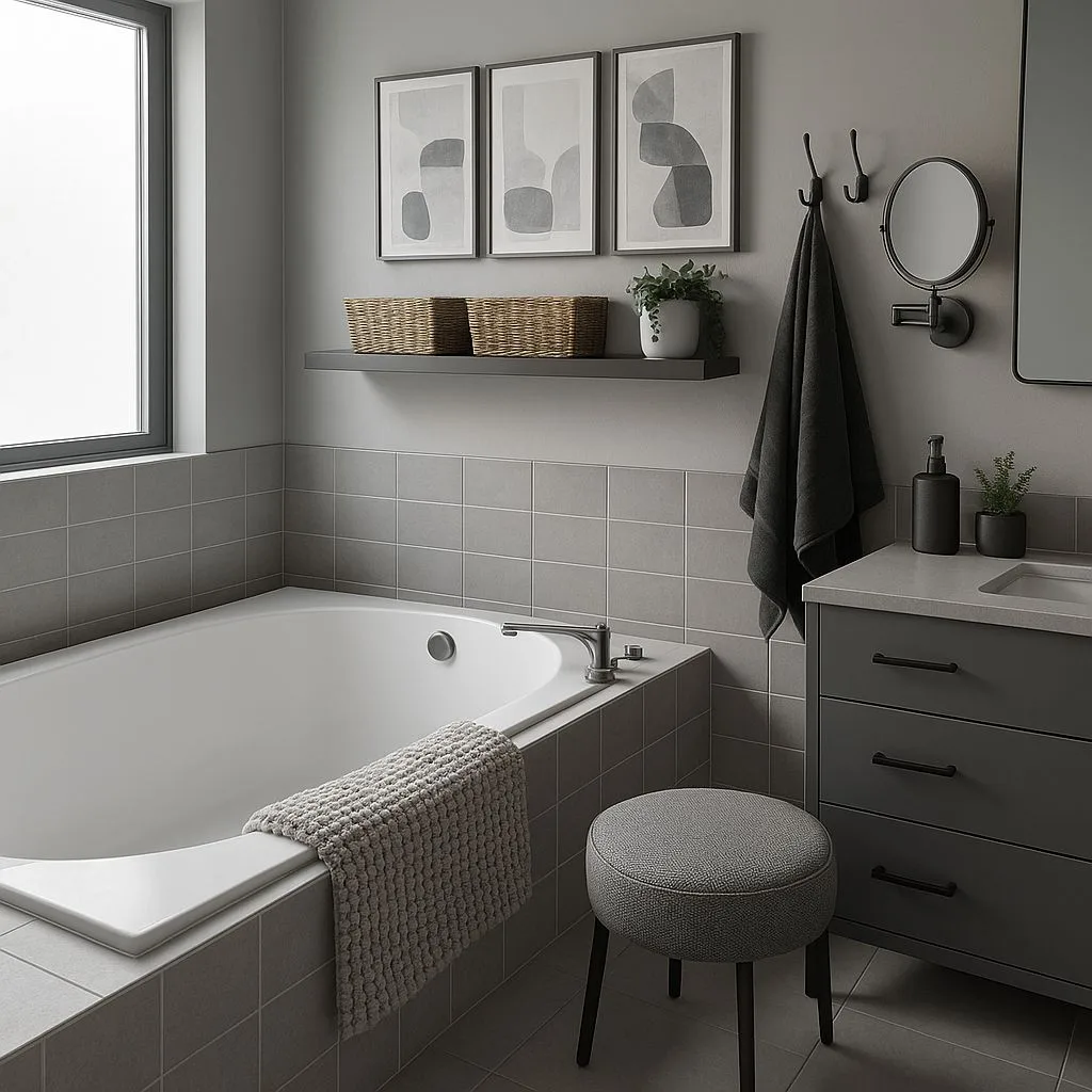Modern minimalist bathroom with square grey tile, floating shelf, woven baskets, dark grey vanity, round ottoman, photorealistic interior design photography, 8k