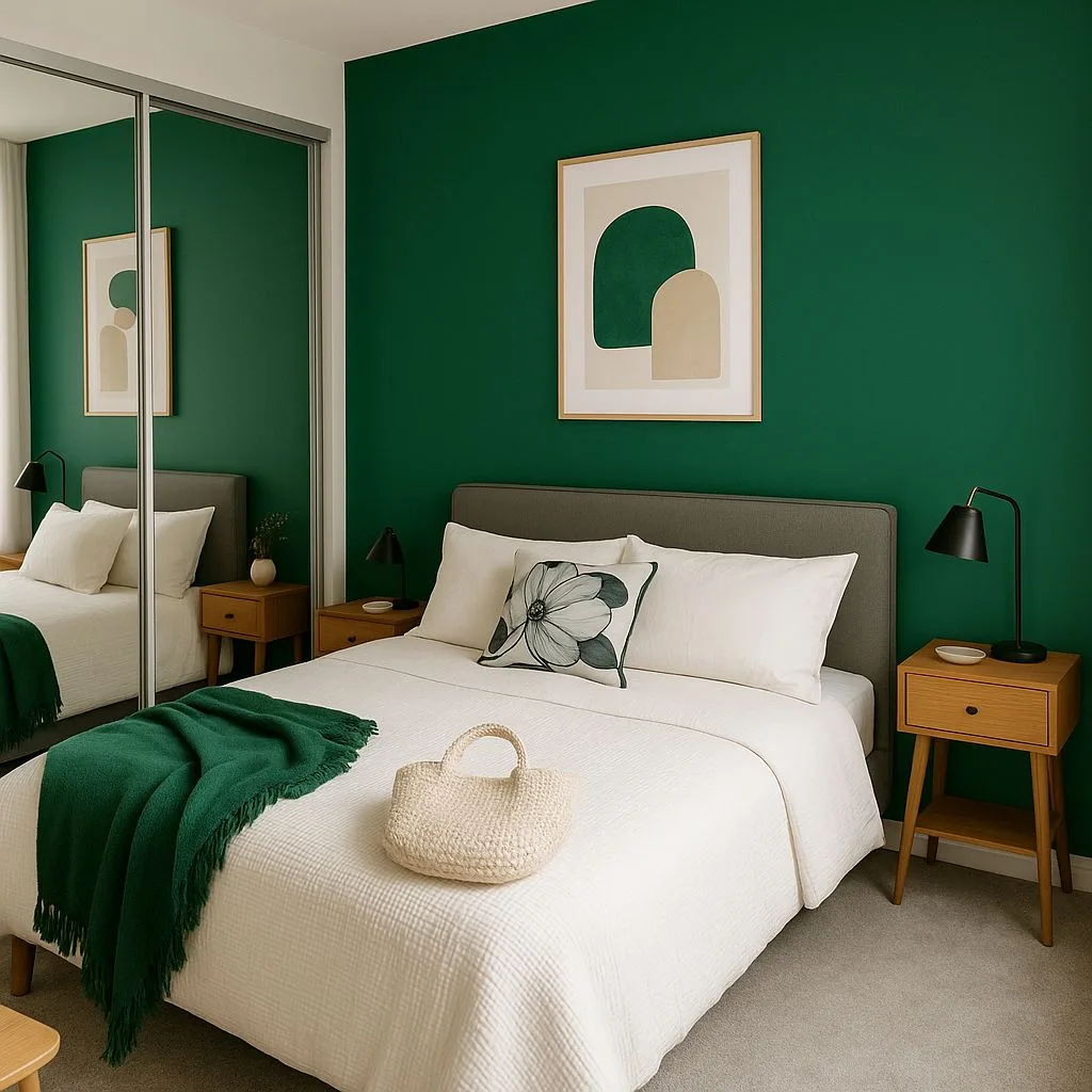 Contemporary bedroom with emerald green walls, white waffle bedding, light wood nightstands, gray upholstered headboard, black lamps, photorealistic interior design photography, 8k