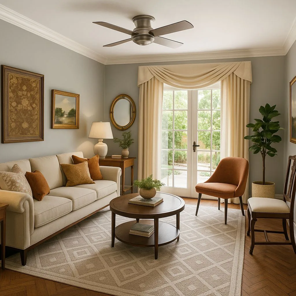 Traditional living room with light grey walls, cream sofa, warm wood coffee table, neutral rug, linen curtains, photorealistic interior design photography, 8k