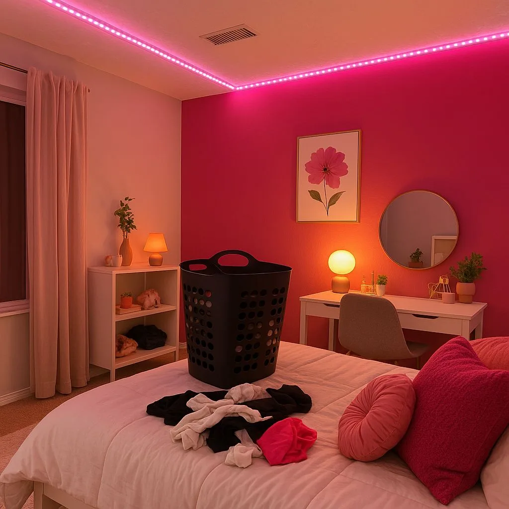 Contemporary teenage bedroom with hot pink walls, white desk, black laundry basket, led strip lighting, round mirror, photorealistic interior design photography, 8k