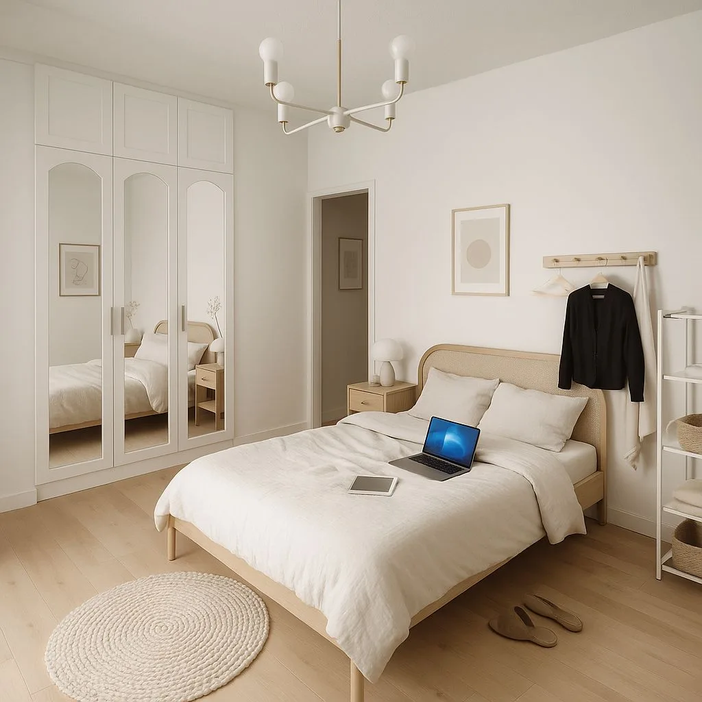 Minimalist Scandinavian bedroom with light wood bed frame, white linen duvet, woven round rug, mirrored wardrobe, sputnik chandelier, photorealistic interior design photography, 8k