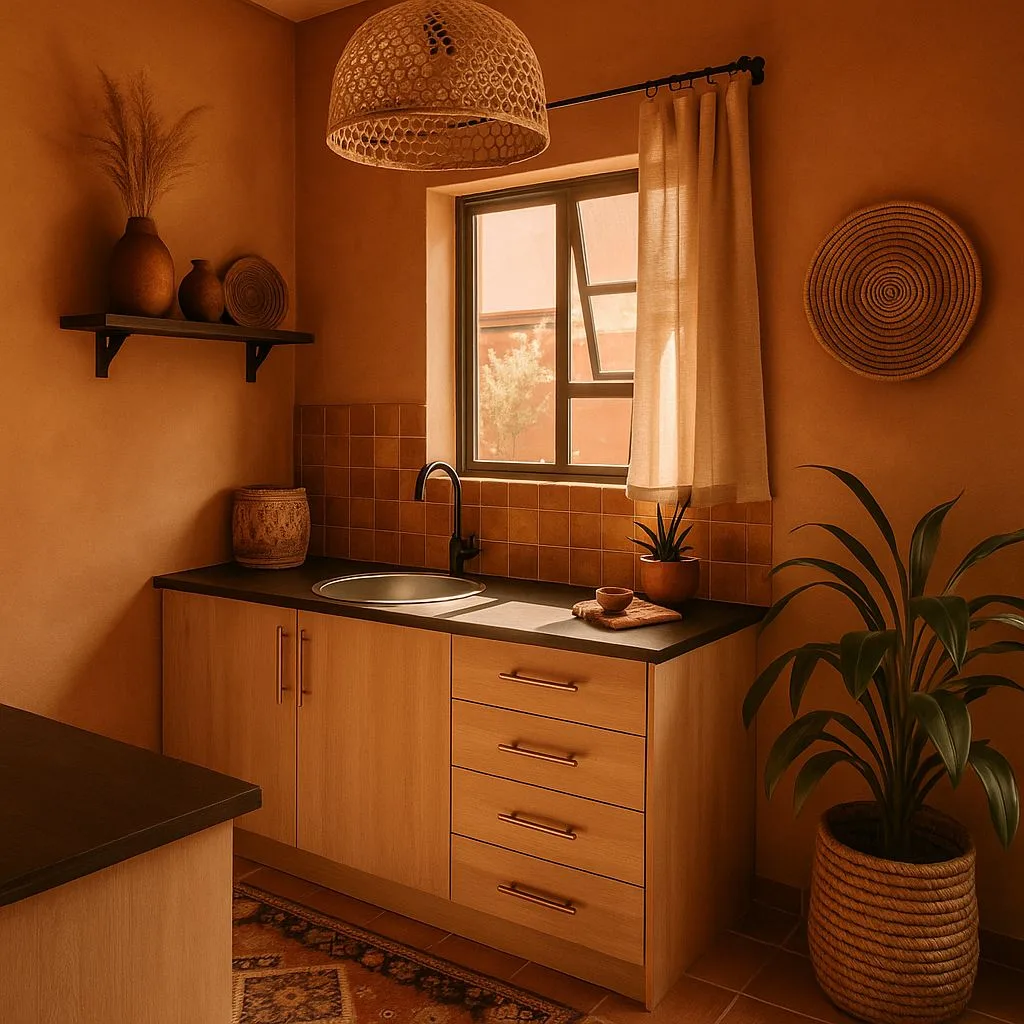 Bohemian terracotta kitchen with light wood cabinets, black countertops, woven pendant, linen curtain, potted plant, photorealistic interior design photography, 8k