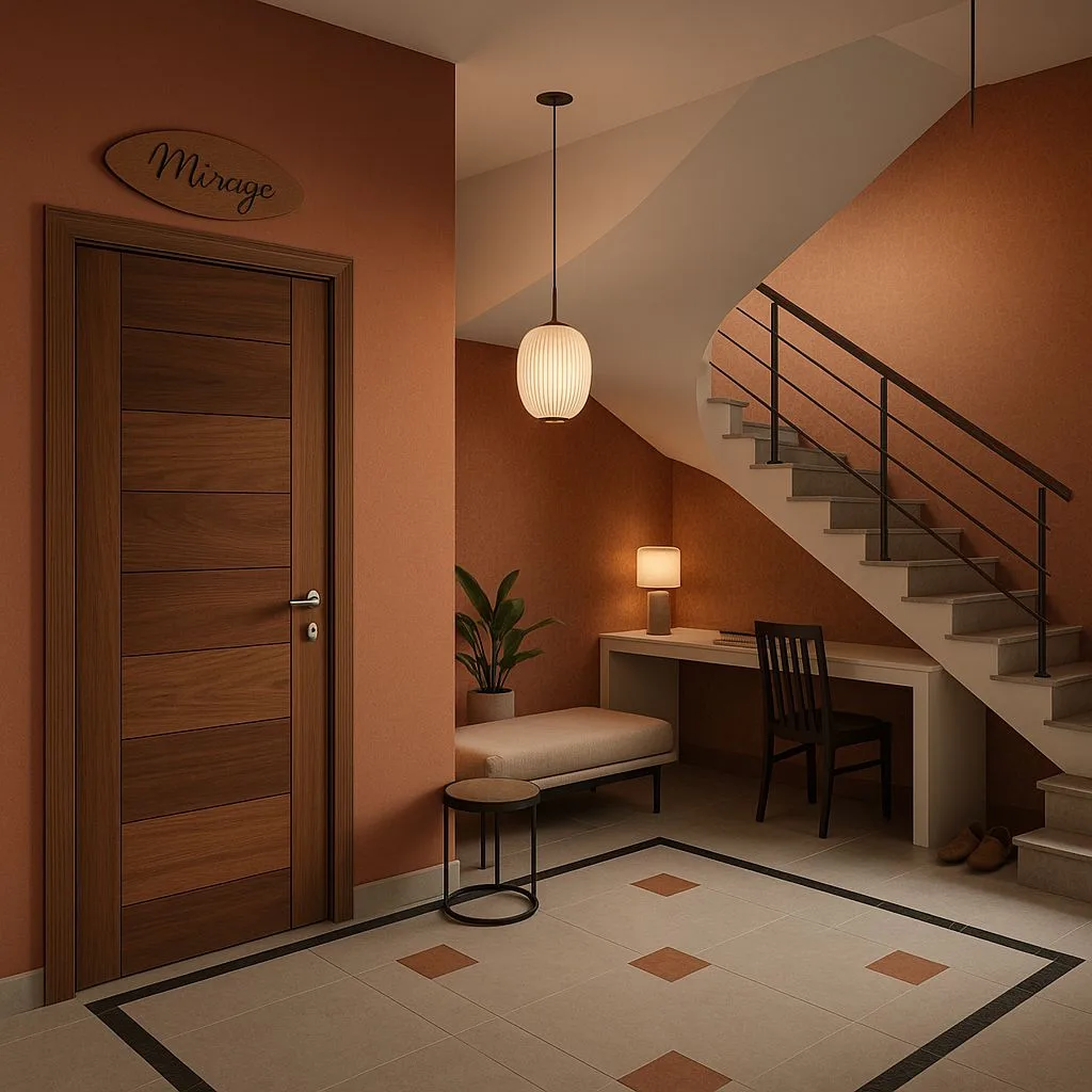 Transitional terracotta hallway with wood door, tiled floors, floating stairs with black railing, desk nook, bench seating, photorealistic interior design photography, 8k