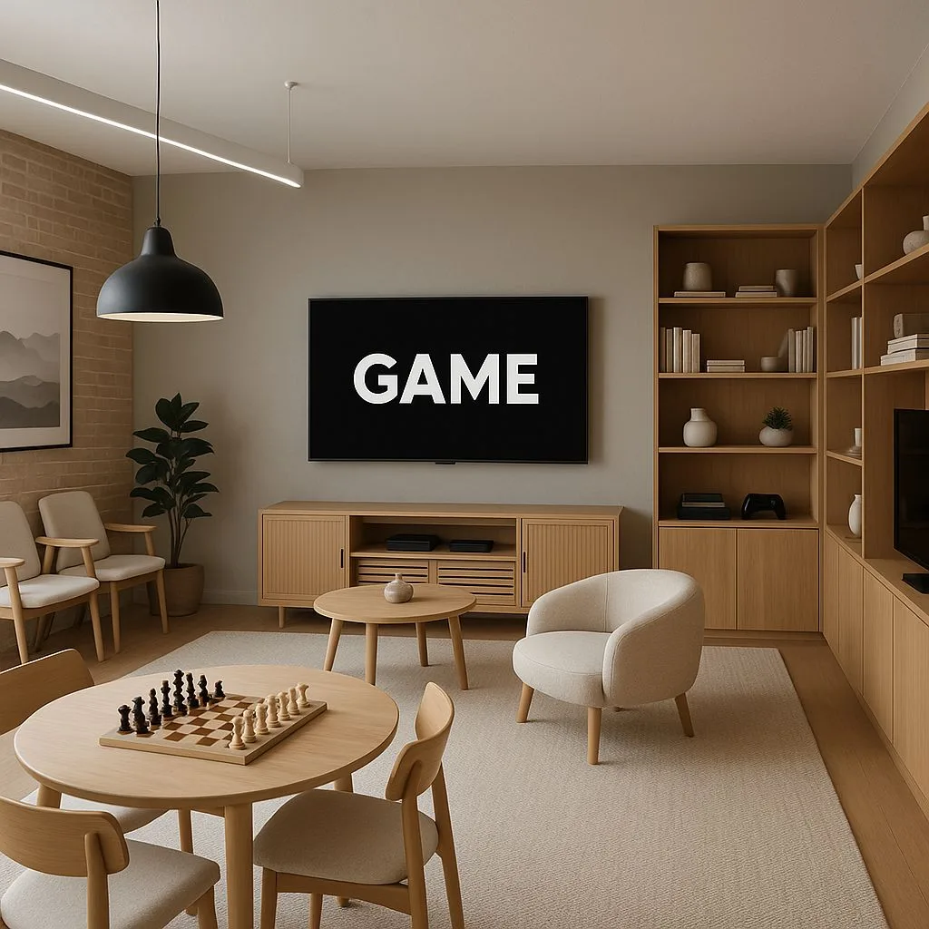 Minimalist Scandinavian game room with light oak cabinetry, round wood table, beige wool rug, black pendant lamp, neutral walls, photorealistic interior design photography, 8k
