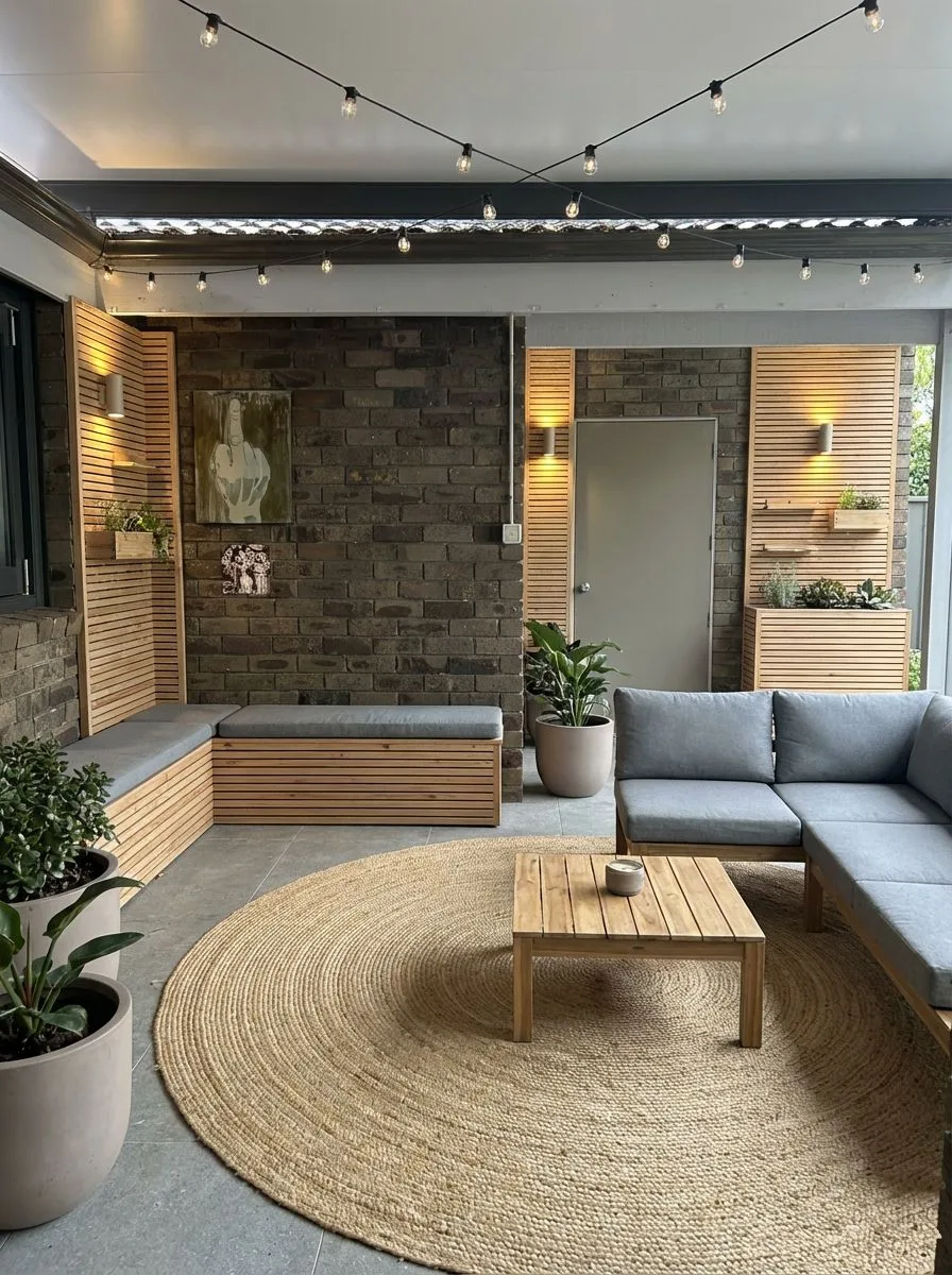 Modern rustic patio with grey brick wall, wood slat panels, jute rug, wood sectional, string lights, photorealistic interior design photography, 8k