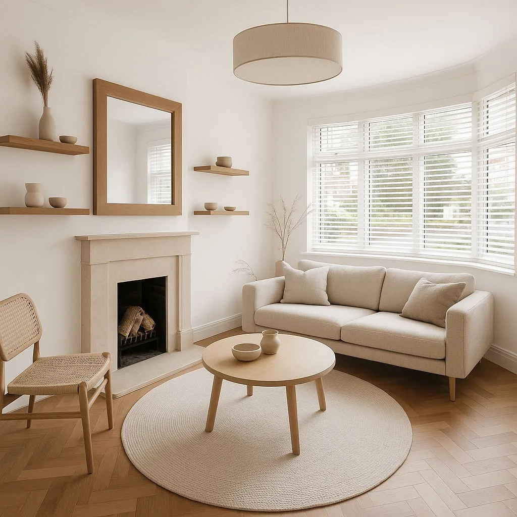 Neutral Scandinavian living room with herringbone wood floors, beige linen sofa, stone fireplace, round wood coffee table, woven rug, photorealistic interior design photography, 8k