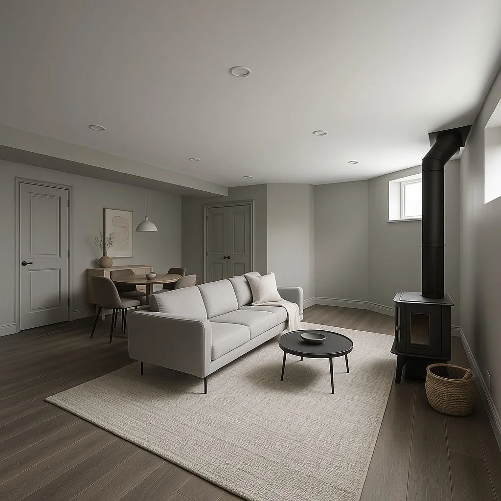 Modern minimalist living room with light grey walls, dark wood floors, light grey sofa, black wood stove, neutral woven rug, photorealistic interior design photography, 8k