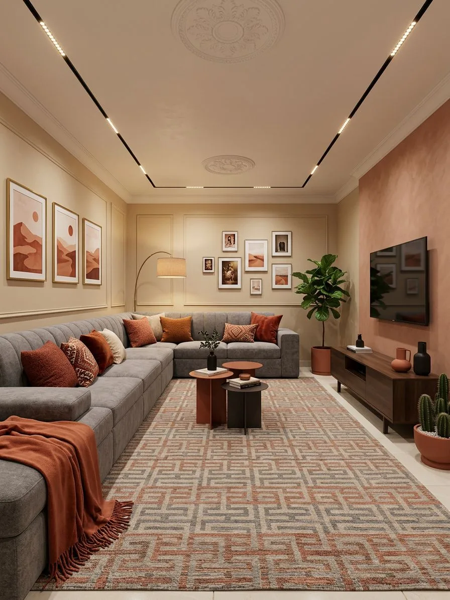 Modern living room with gray sectional sofa, terracotta pillows, geometric rug, warm beige walls, track lighting, photorealistic interior design photography, 8k